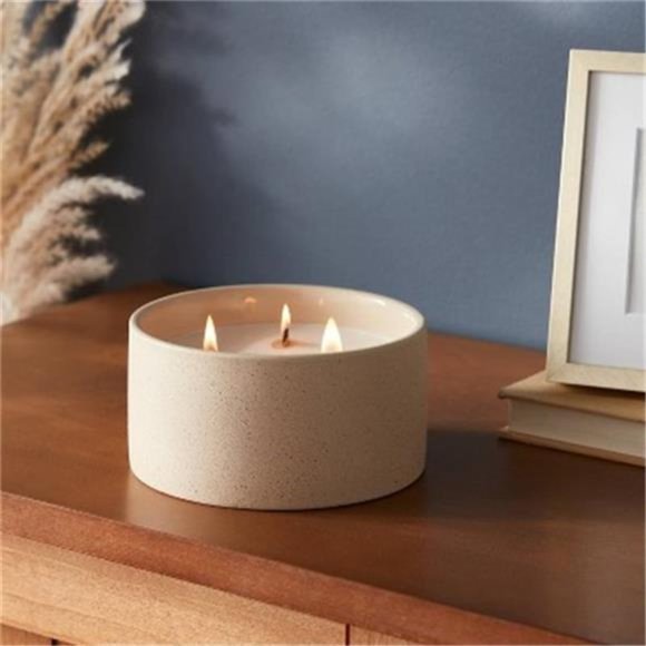 3-Wick 14oz Matte Textured Ceramic Wooden Wick Candle Ivory/Island Starfruit - Picture 2 of 3